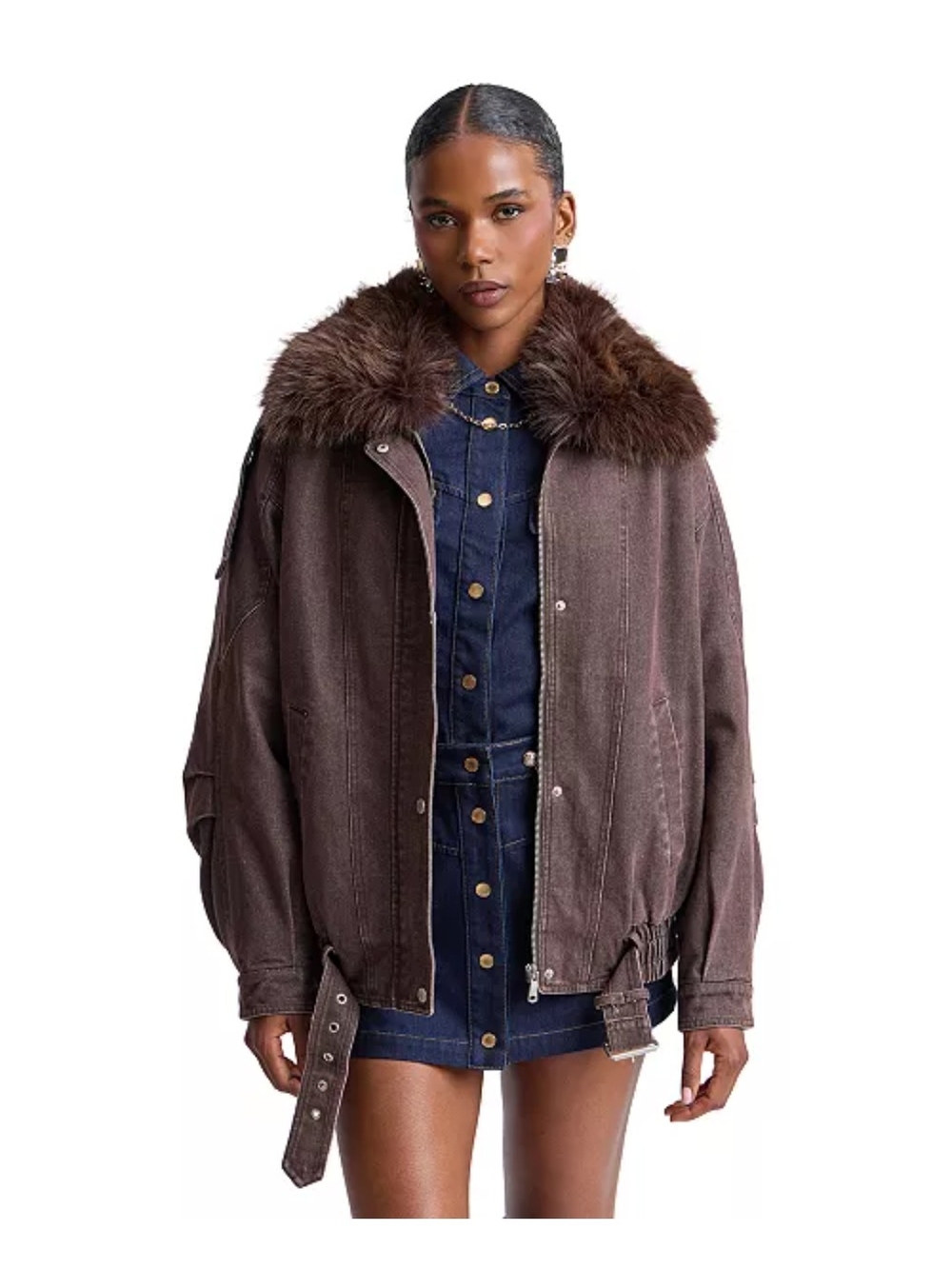 Avec Les Filles Brown Bomber Jacket with Faux Fur Collar